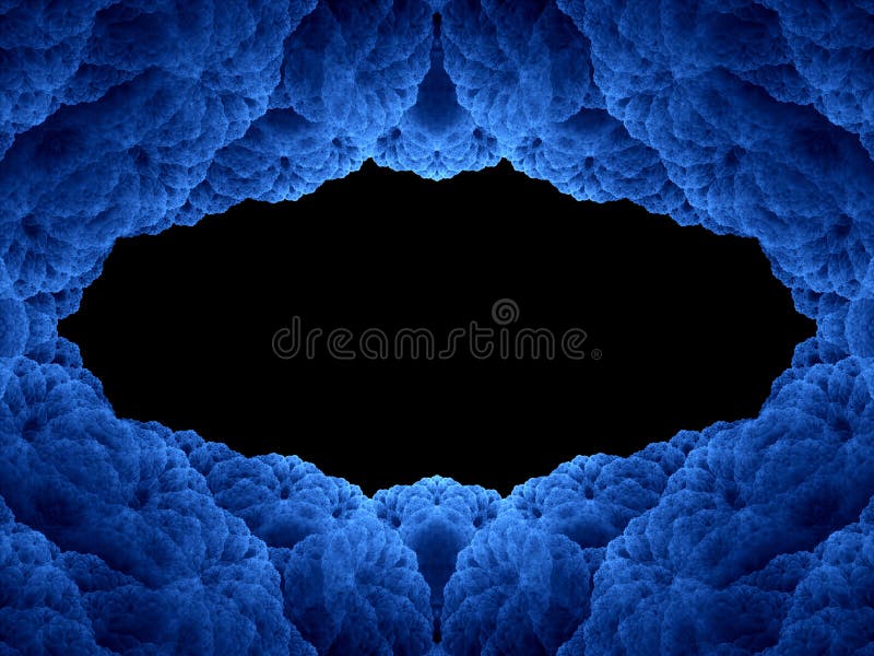 Blue fractal frame abstract background, black empty space. Blue fractal frame abstract background, black empty space