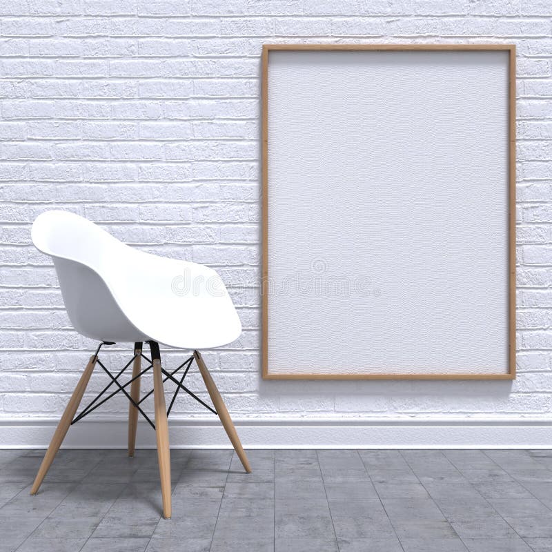 Quadro branco vazio da foto com cadeira O modelo rende ilustração royalty free Quadro branco vazio da foto com cadeira O modelo rende ilustração royalty free