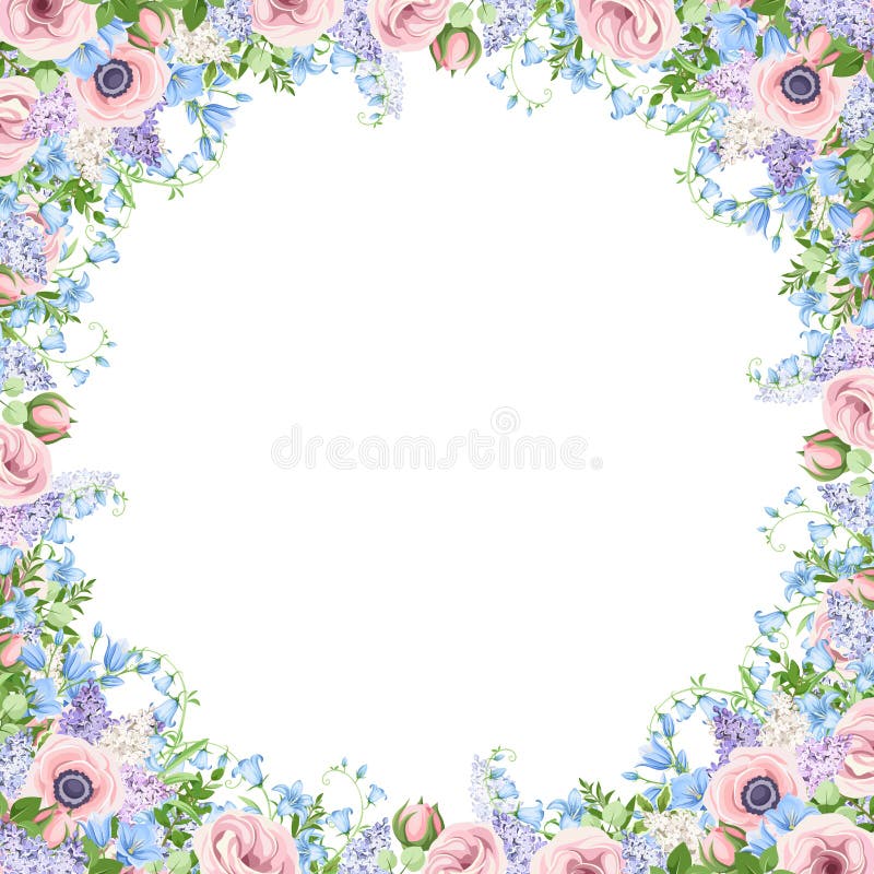 Moldura com flores cor-de-rosa, azuis e roxas. Ilustração vetorial ilustração royalty free