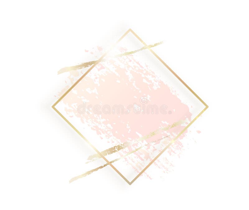 Gold rhombus frame with pastel nude pink texture, shadow, golden brush strokes isolated on white background. Geometric rectangular shape border in golden foil for cosmetics, beauty, makeup template. Gold rhombus frame with pastel nude pink texture, shadow, golden brush strokes isolated on white background. Geometric rectangular shape border in golden foil for cosmetics, beauty, makeup template.