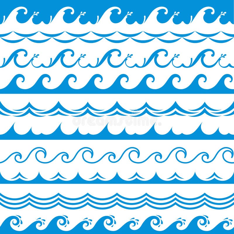 Quadro da onda do mar A maré sem emenda da tempestade do oceano acena o vetor horizontal das beiras dos elementos ondulados do pr ilustração stock Quadro da onda do mar A maré sem emenda da tempestade do oceano acena o vetor horizontal das beiras dos elementos ondulados do pr ilustração stock