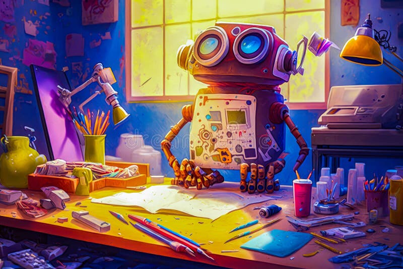 Quadro di robot seduto sulla scrivania. aie generativa.