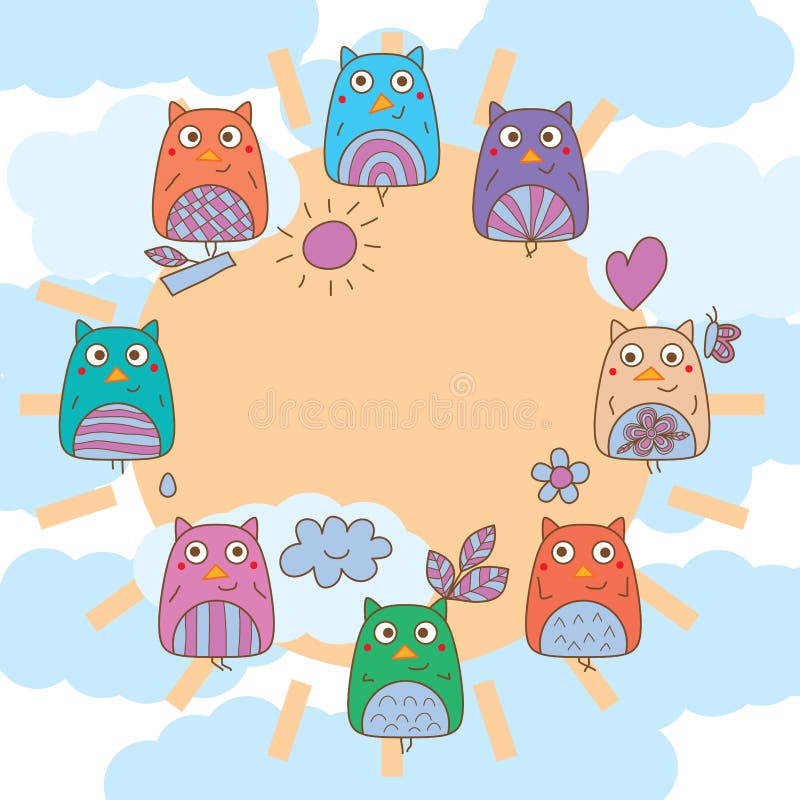 Quadro do céu do sol do círculo da asa da mão da coruja ilustração stock Quadro do céu do sol do círculo da asa da mão da coruja ilustração stock