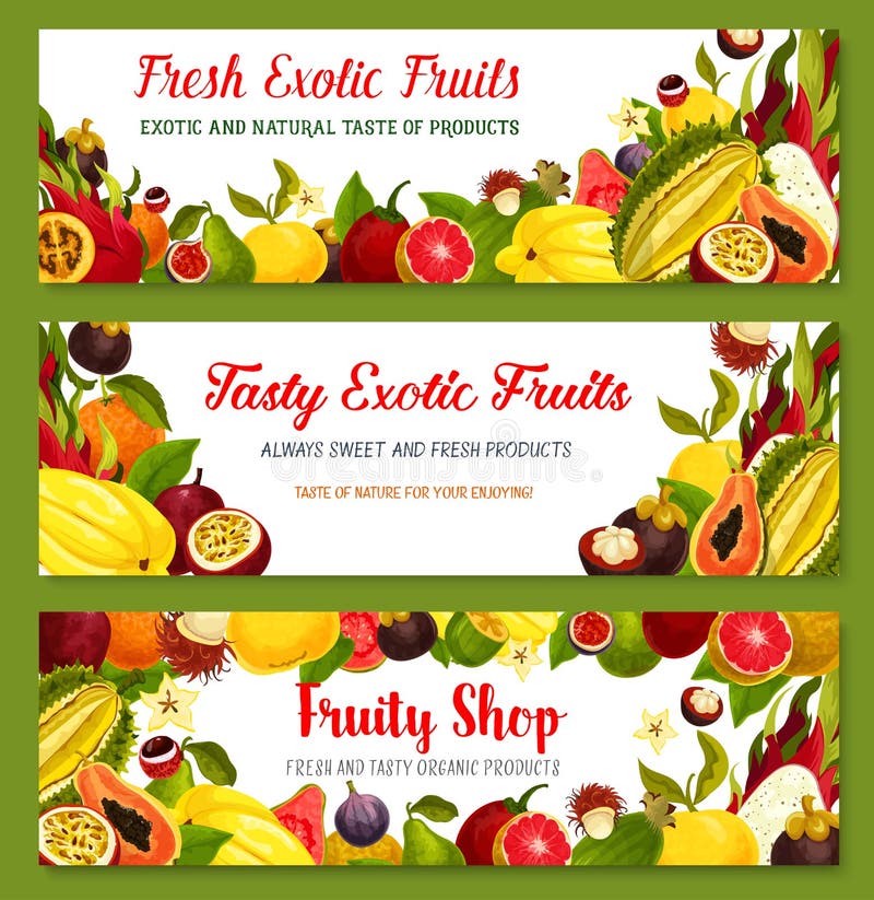 Exotic fruit banners set. Papaya, orange and feijoa, durian and passion fruit, carambola, lychee, dragon fruit and guava, fig, mangosteen, rambutan, tamarillo and pomelo for tropical food design. Exotic fruit banners set. Papaya, orange and feijoa, durian and passion fruit, carambola, lychee, dragon fruit and guava, fig, mangosteen, rambutan, tamarillo and pomelo for tropical food design