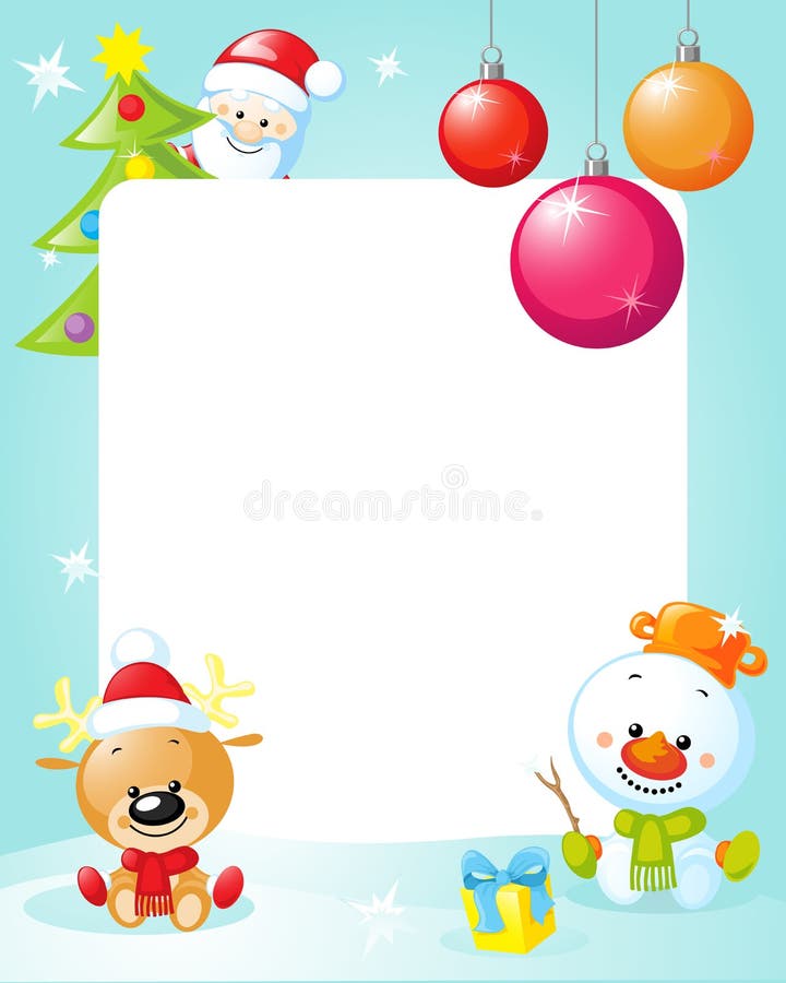 Quadro do Natal com boneco de neve, árvore do xmas, bola e rena ilustração royalty free Quadro do Natal com boneco de neve, árvore do xmas, bola e rena ilustração royalty free
