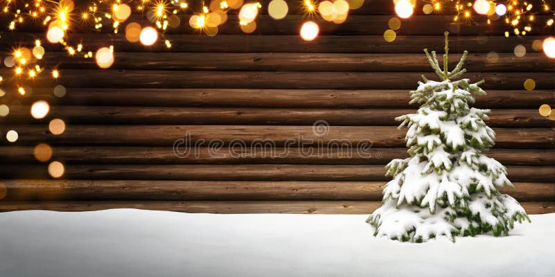 Quadro do Natal com árvore de abeto, madeira, neve e luzes foto de stock Quadro do Natal com árvore de abeto, madeira, neve e luzes foto de stock