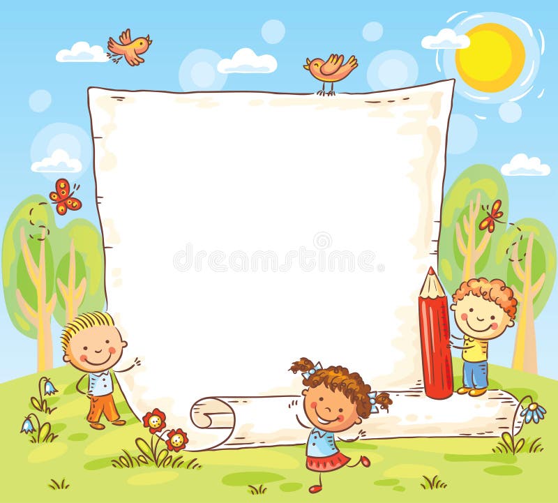 Quadro dos desenhos animados com três crianças fora Quadro dos desenhos animados com três crianças fora