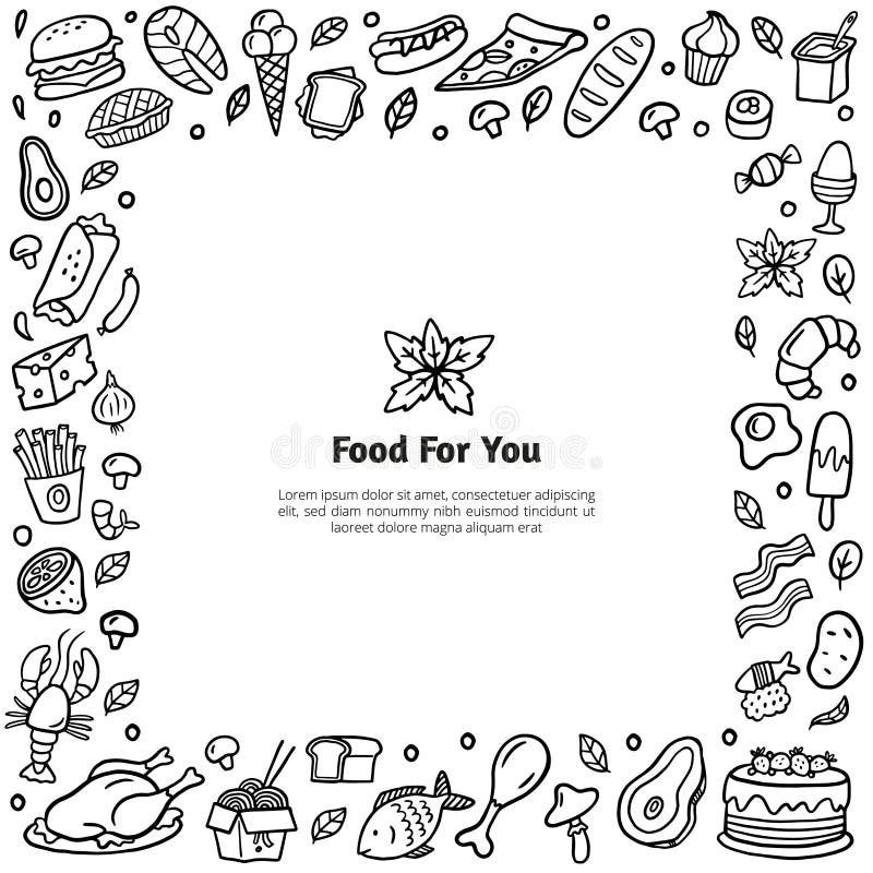 Quadro estilizado do alimento desenhado à mão Ilustração preto e branco da garatuja com muitos pratos diferentes ilustração stock Quadro estilizado do alimento desenhado à mão Ilustração preto e branco da garatuja com muitos pratos diferentes ilustração stock
