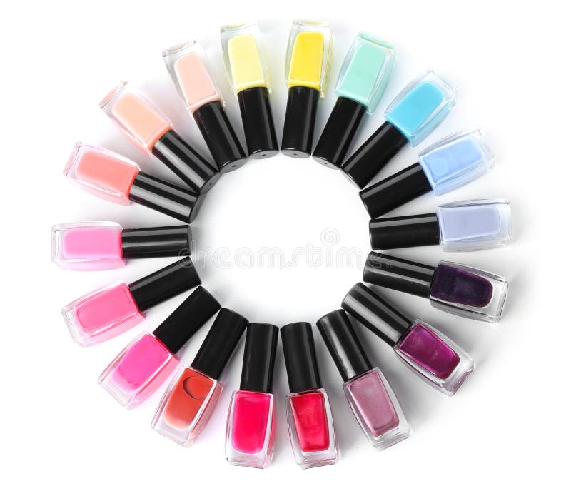 Quadro feito das garrafas com os vernizes para as unhas coloridos no fundo branco imagens de stock royalty free Quadro feito das garrafas com os vernizes para as unhas coloridos no fundo branco imagens de stock royalty free