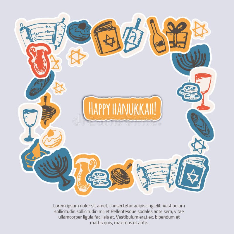 Quadro feliz do cumprimento do Hanukkah com elementos tirados mão e rotulação no fundo cinzento Menorah, Dreidel, vela ilustração stock Quadro feliz do cumprimento do Hanukkah com elementos tirados mão e rotulação no fundo cinzento Menorah, Dreidel, vela ilustração stock