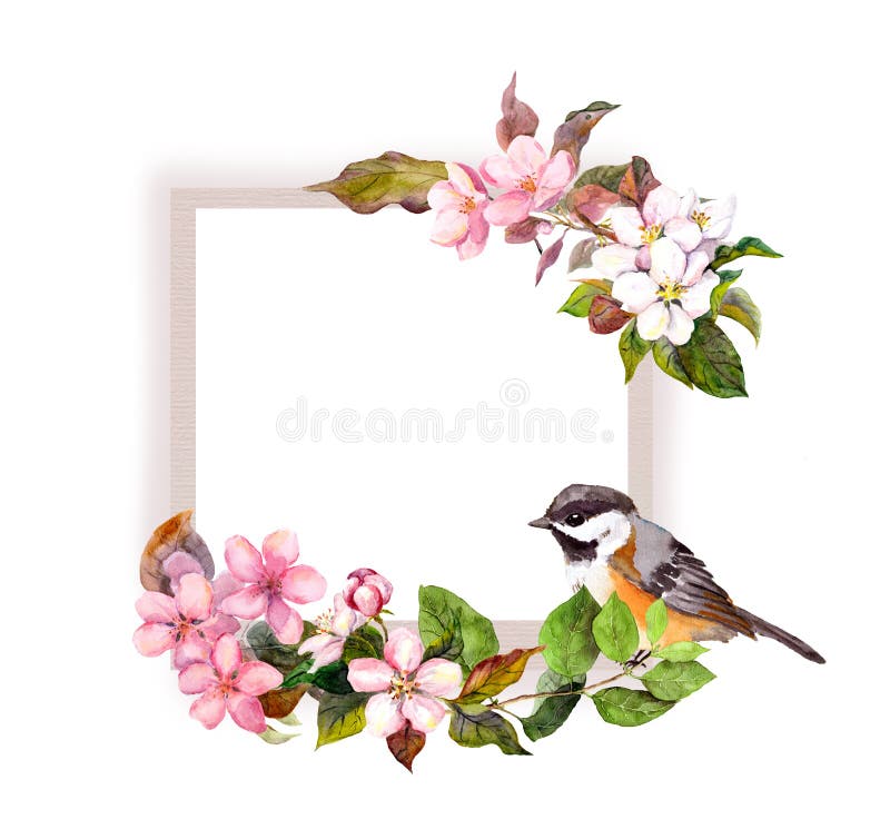 Quadro floral - flores e pássaro bonito para o design de interiores Beira da aquarela para o texto ilustração stock Quadro floral - flores e pássaro bonito para o design de interiores Beira da aquarela para o texto ilustração stock