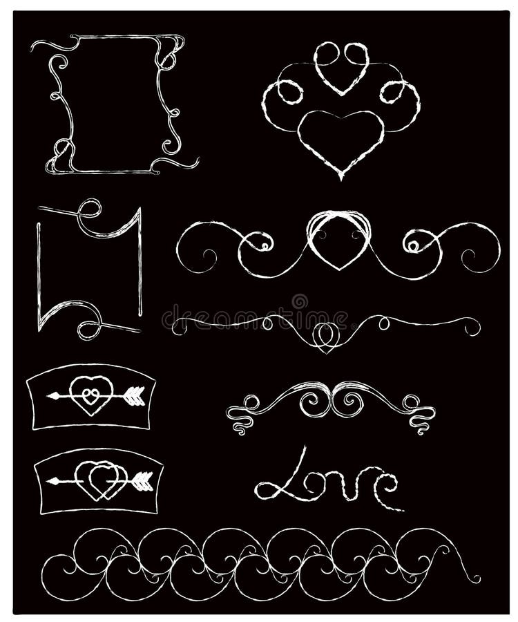 Quadro-negro e giz Doodle o estilo coleção do vetor de ornamento tirados mão do redemoinho do vintage com coração ilustração do vetor Quadro-negro e giz Doodle o estilo coleção do vetor de ornamento tirados mão do redemoinho do vintage com coração ilustração do vetor