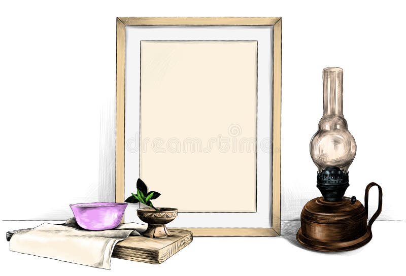 Quadro a posição na tabela ao lado de uma lâmpada de querosene e um suporte de madeira com um guardanapo em que está uns pires e ilustração stock