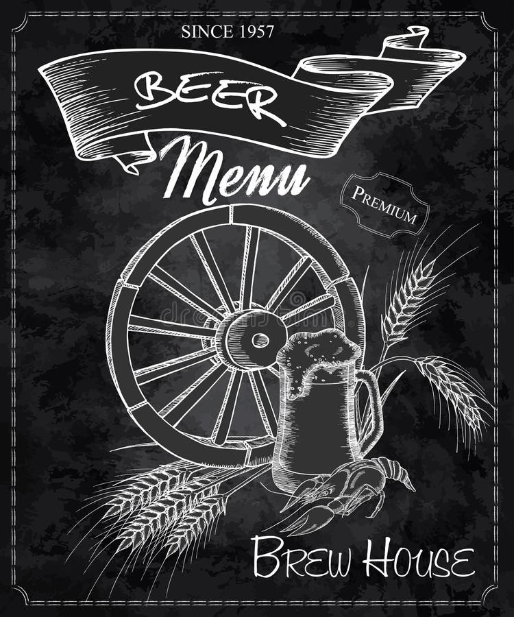 Quadro tirado mão do vetor com menu da cerveja Contém a roda, a caneca de cerveja, as lagostas e as orelhas do trigo ilustração royalty free Quadro tirado mão do vetor com menu da cerveja Contém a roda, a caneca de cerveja, as lagostas e as orelhas do trigo ilustração royalty free