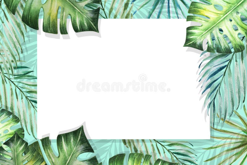 Quadro tropical bonito da beira das folhas Monstera, palma Pintura da aguarela Livro Branco no contexto azul ilustração stock Quadro tropical bonito da beira das folhas Monstera, palma Pintura da aguarela Livro Branco no contexto azul ilustração stock