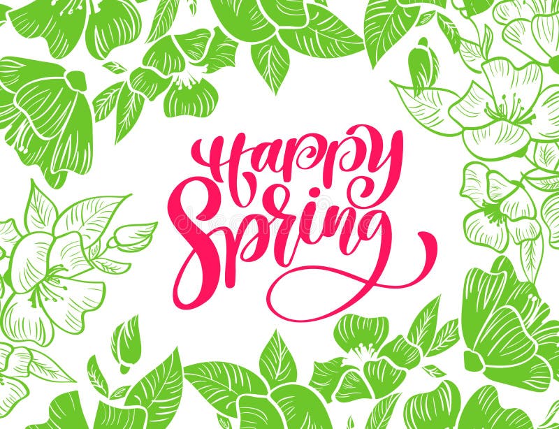 Quadro verde do vetor da flor para o cartão com mola feliz escrita à mão do texto vermelho Ilustração floral lisa isolada sobre ilustração stock Quadro verde do vetor da flor para o cartão com mola feliz escrita à mão do texto vermelho Ilustração floral lisa isolada sobre ilustração stock
