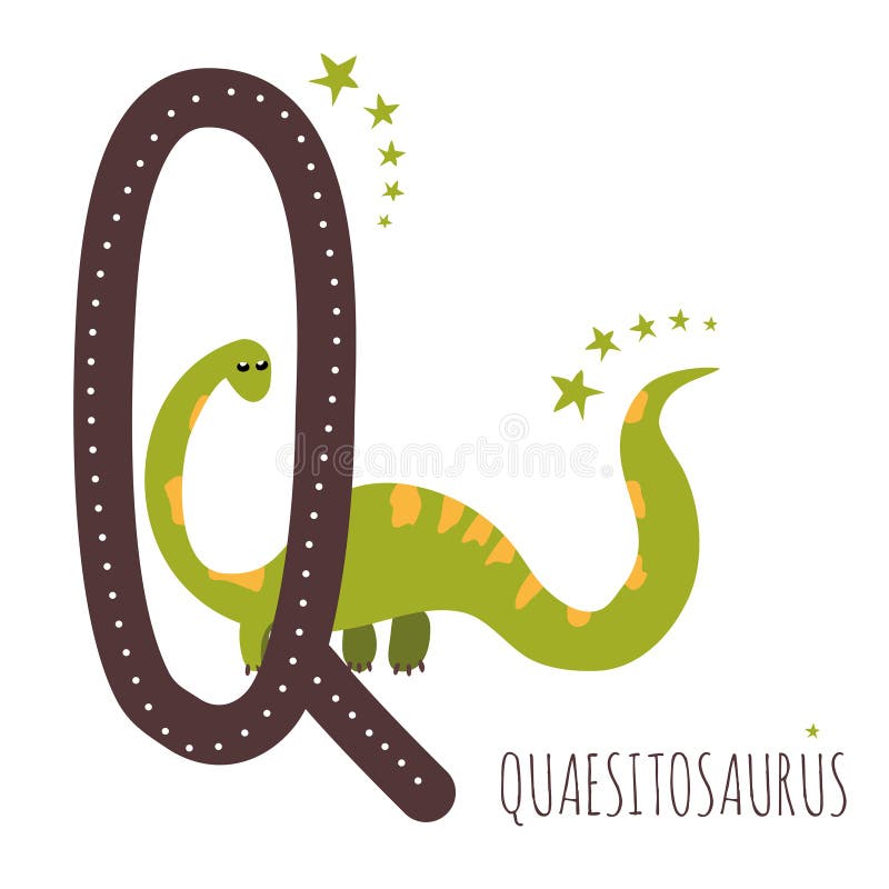 Quaesitosaurus. Letter Q with reptile name. Hand drawn cute herbivores dinosaur. Educational prehistoric illustration. Dino alphabet. stock illustration