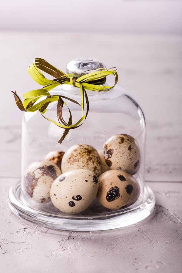 Quail S Eggs Under a Glass Cloche with a Ribbon Stock Image Image of
