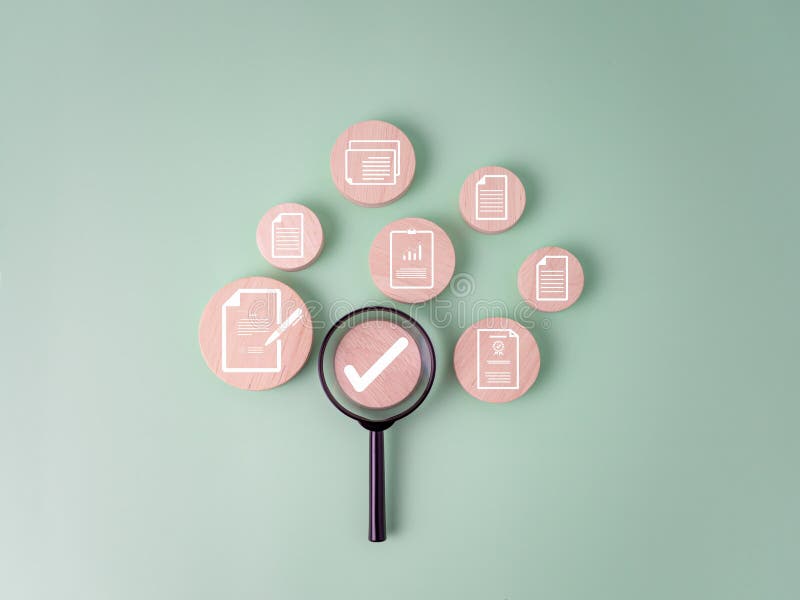 Quality assurance and ISO guarantee concept, Document icon which print screen on wooden circle plank for prepare check and approve royalty free stock image