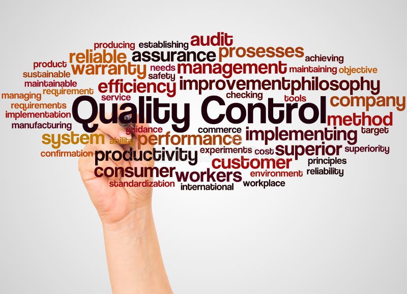 Quality Control Word Cloud and Hand with Marker Concept Stock