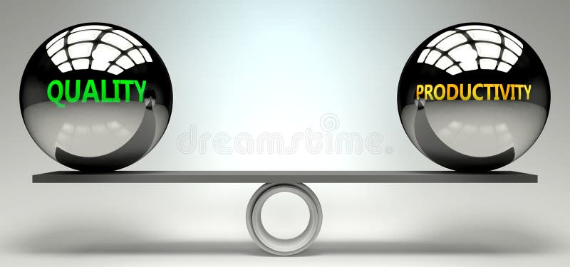 Quality and productivity balance, harmony and relation pictured as two equal balls with text words showing abstract idea and stock illustration