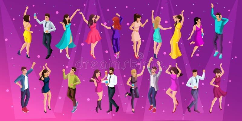 Qualità Isometrics, una ragazza 3D di un uomo ad un partito, un partito corporativo, ballante in un club, giovane bello ballare d illustrazione di stock