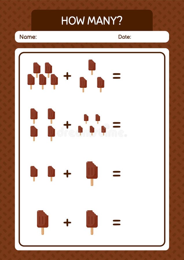 Eu espio a contagem do jogo de sorvete de desenho animado, sorvete, sundae,  palito de chocolate e casquinha de baunilha. planilha de enigma de vetor  para crianças para desenvolvimento de habilidades matemáticas