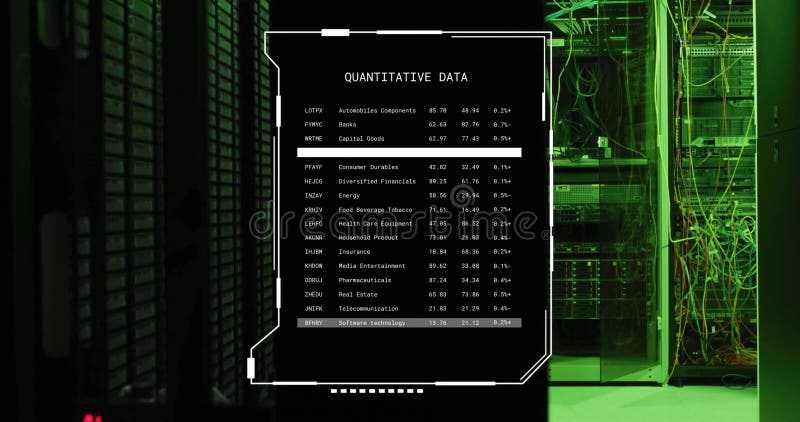 Quantitative data animation over server room with green lighting stock footage