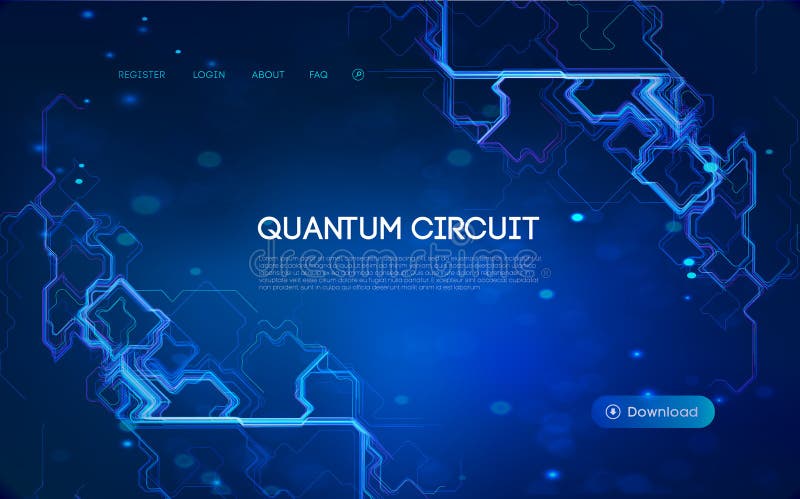 Quantum circuit concept with glowing blue neon lines on dark background, futuristic digital network, artificial intelligence stock illustration