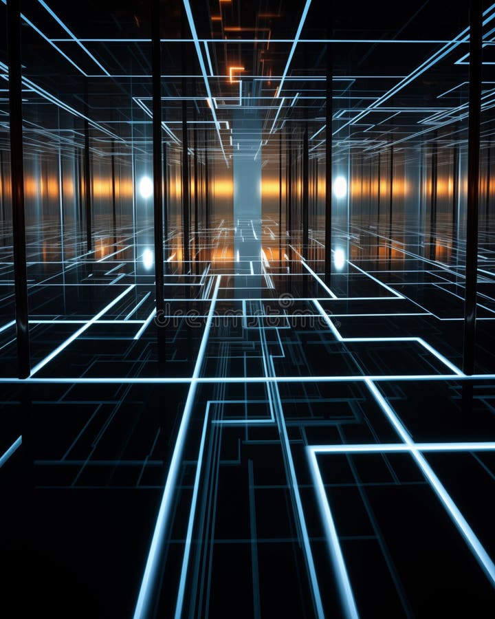 Quantum circuit lines travel in all directions royalty free illustration