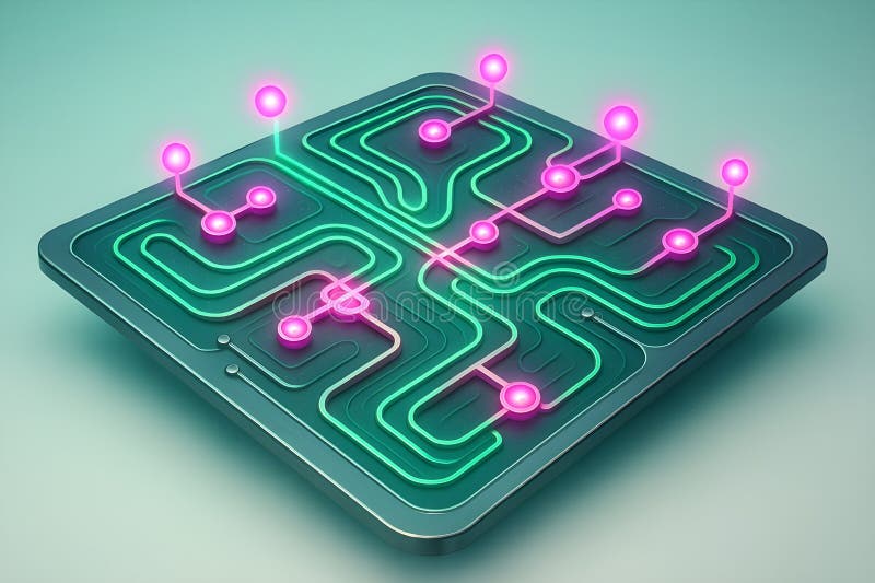 Quantum Circuit Wonderland: Futuristic Neon Flow of Data stock illustration