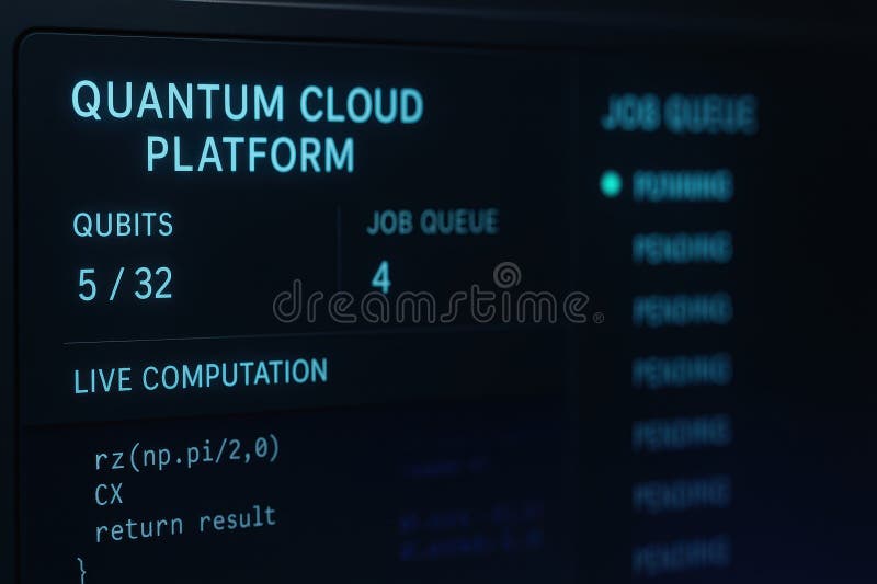 Quantum Cloud Platform Display with Qubits and Job Queue Status for Advanced Computing stock illustration