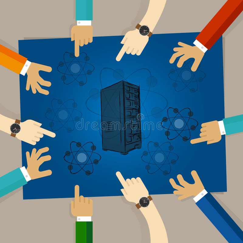 Quantum computation server computer bio technology element molecule physics hands working together as a team stock illustration