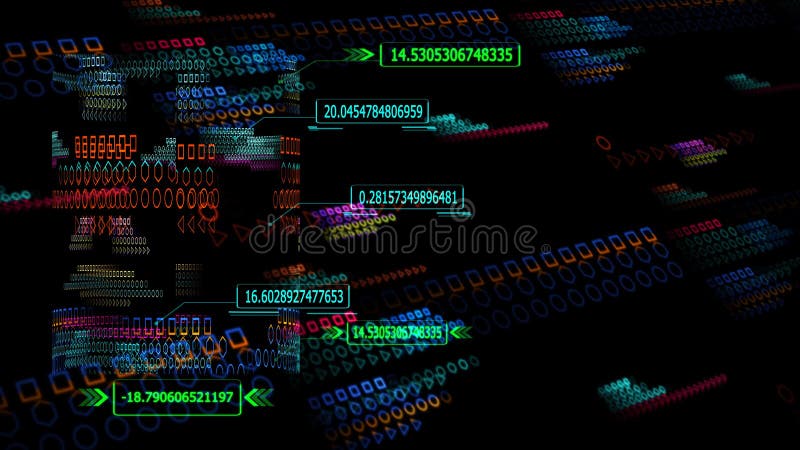 Quantum computer futuristic technology digital holographic process and analysis for big data and callout border arrow numeric flying abstract polygon background. Computer matrix video
