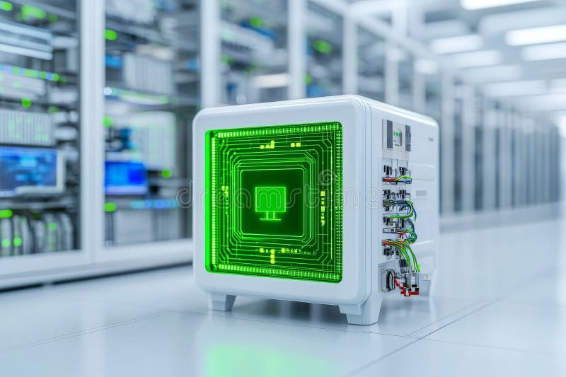 Quantum computer inside a transparent, illuminated cube, circuits glowing electric blue, surrounded by a swirling vortex royalty free stock images