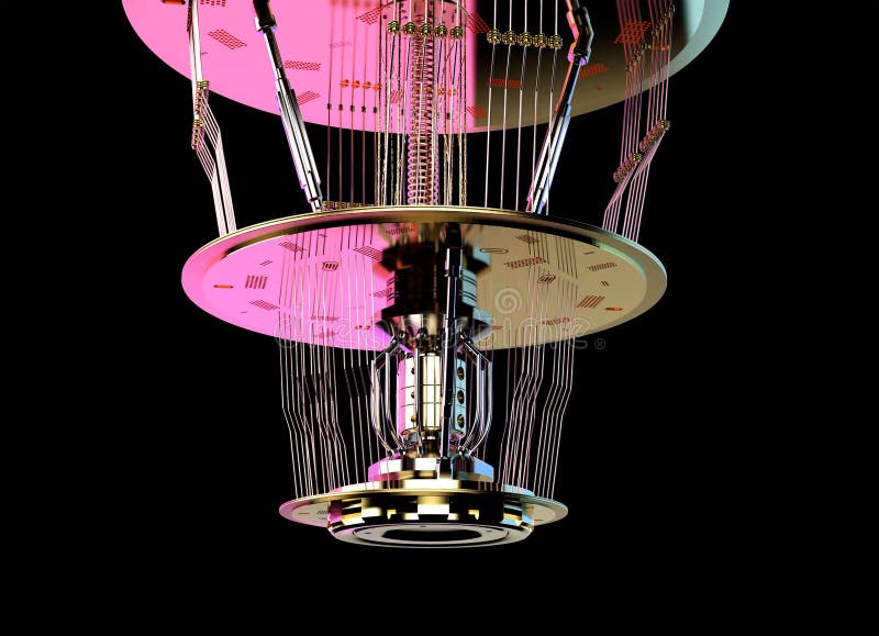Quantum computer machine close up with neon light stock illustration