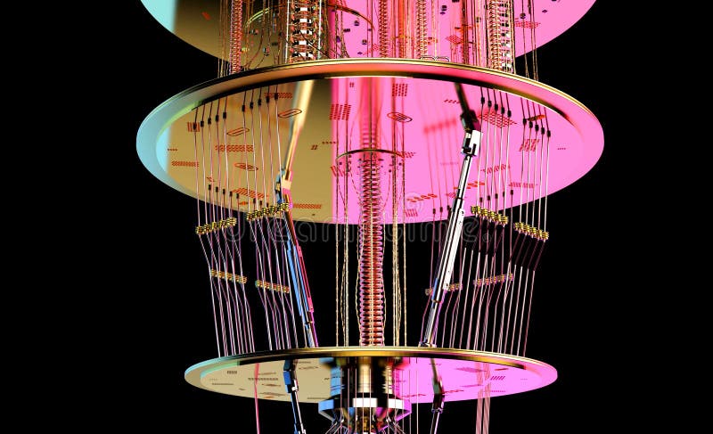 Quantum computer machine close up with neon light stock illustration