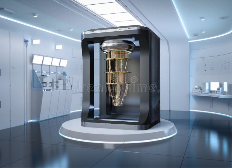 Quantum computer machine in shield capsule vector illustration