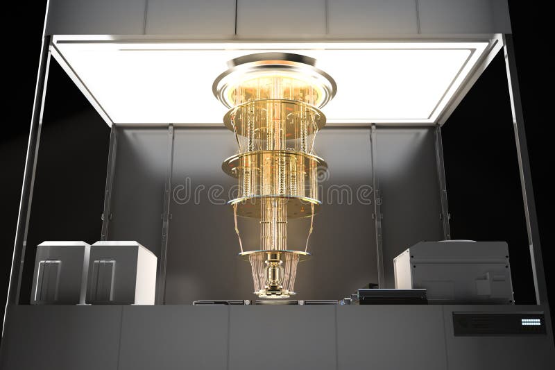 Quantum computer machine in shield vector illustration
