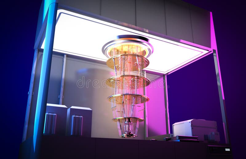 Quantum computer machine in shield stock illustration