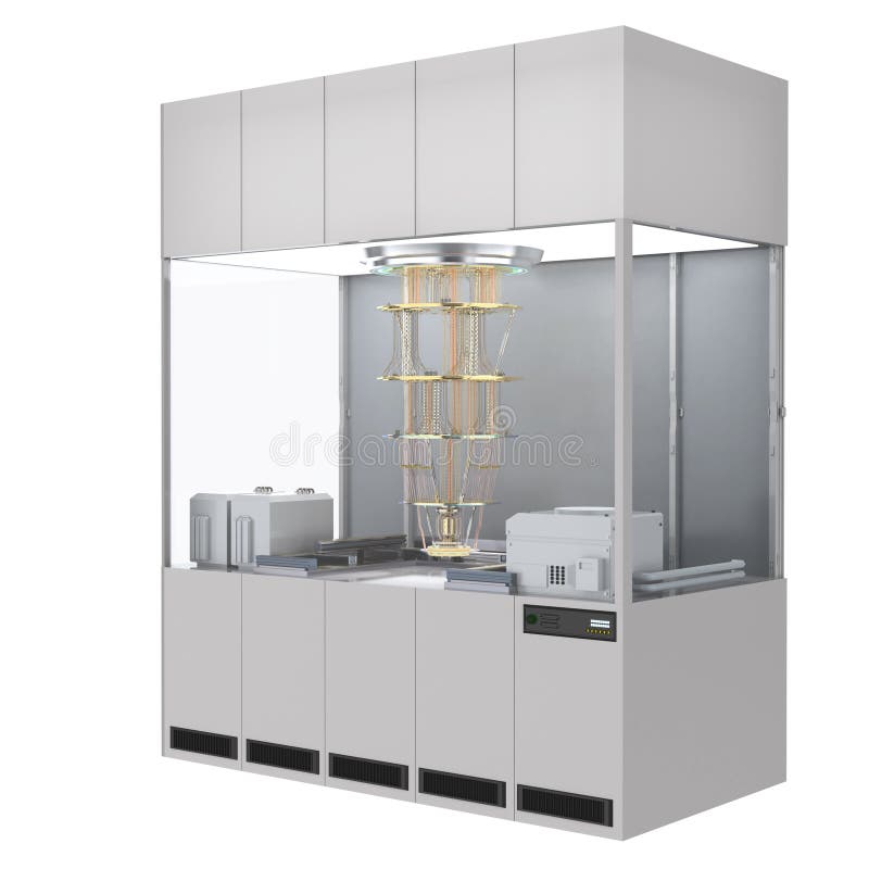 Quantum computer machine in shield vector illustration