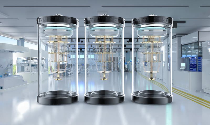 Quantum computer machines in shield capsules at laboratory royalty free illustration