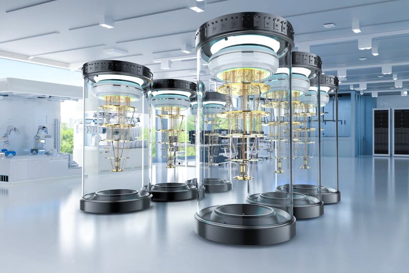 Quantum computer machines in shield capsules at laboratory stock illustration
