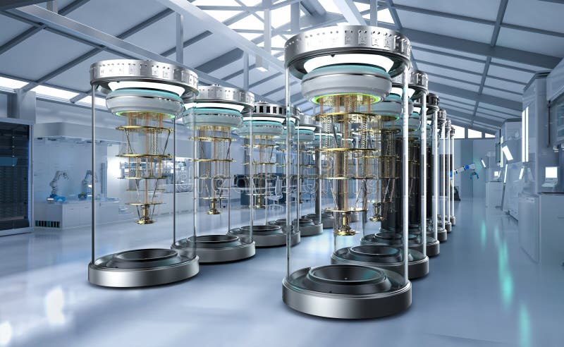 Quantum computer machines in shield capsules at laboratory royalty free illustration