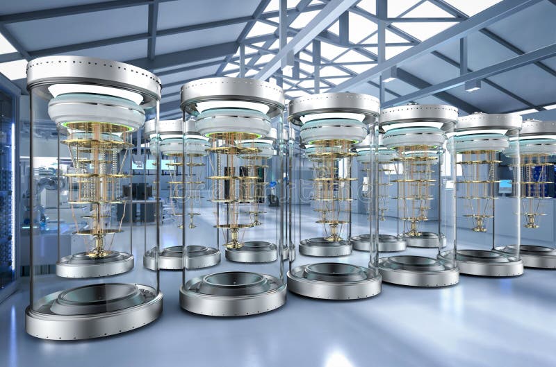 Quantum computer machines in shield capsules at laboratory royalty free illustration