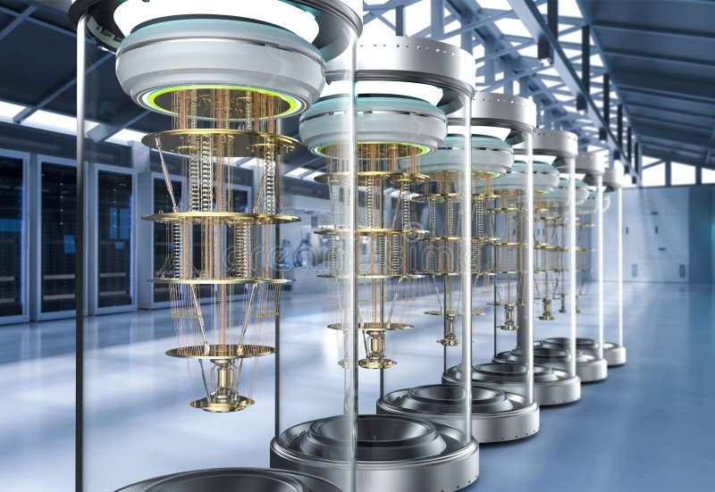 Quantum computer machines in shield capsules at laboratory stock illustration