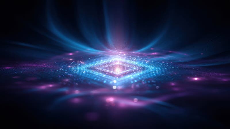 Quantum Computer Processor Surrounded by Light Particles and Laser Beams in an Advanced Cybersecurity Concept