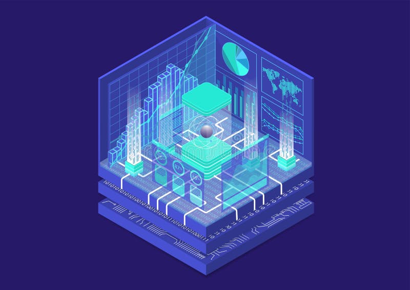 Quantum computing isometric vector illustration. 3D view on conceptual quantum computer royalty free illustration