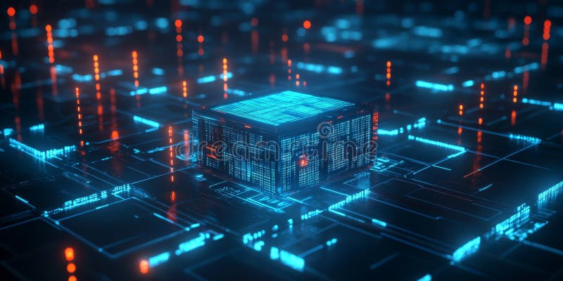 Quantum computing server processing data in cyberpunk matrix style environment vector illustration