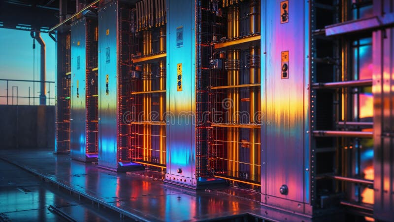 Quantum computing server reflecting vibrant colors in data center stock illustration